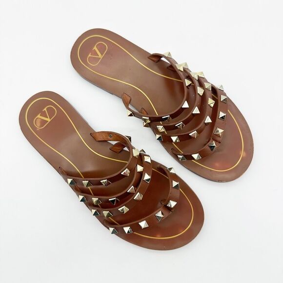 VALENTINO Rockstud Flair Cage Brown Leather Sandal Size 38 Flip Flop Studded - Picture 3 of 12